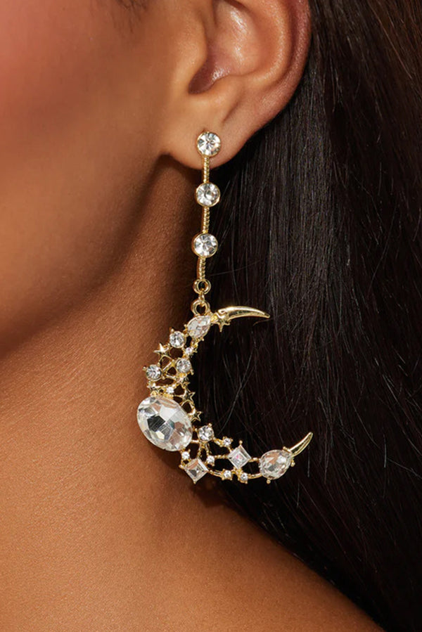 Rhinestone-Embellished Moon and Tassel Drop Earrings-Consonak