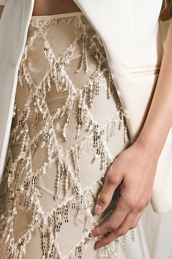 Fashionable Mesh See-through Sequined Tassel Midi Skirt