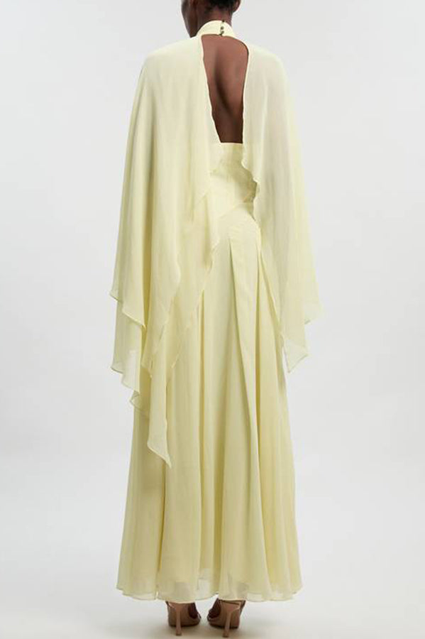 Spring Enchantment Chiffon Crinkle Cross Front Drape Scarf Maxi Dress-consonak