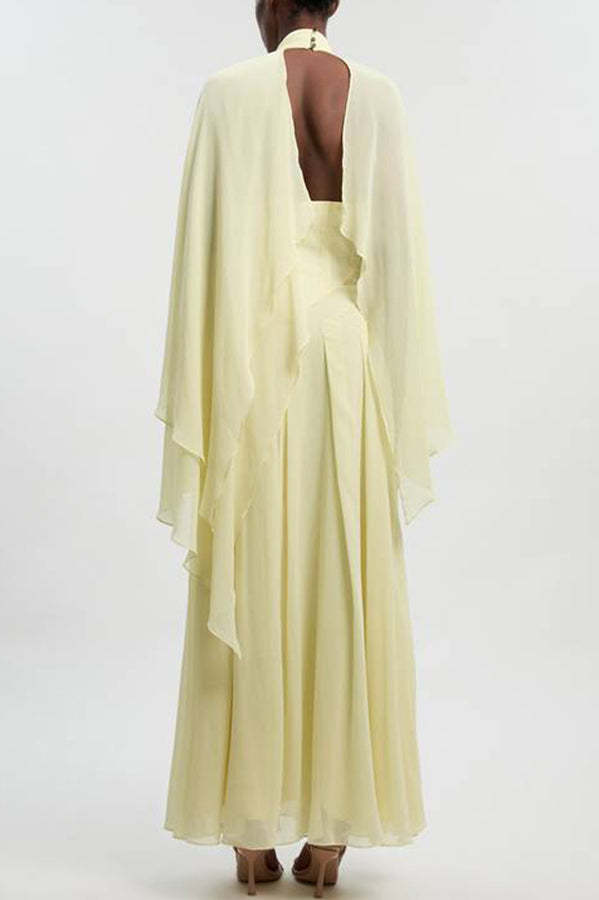 Spring Enchantment Chiffon Crinkle Cross Front Drape Scarf Maxi Dress