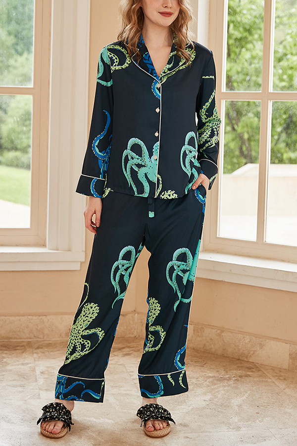 Black Octopus Print Home Long-sleeved Two-piece Set | Consonak