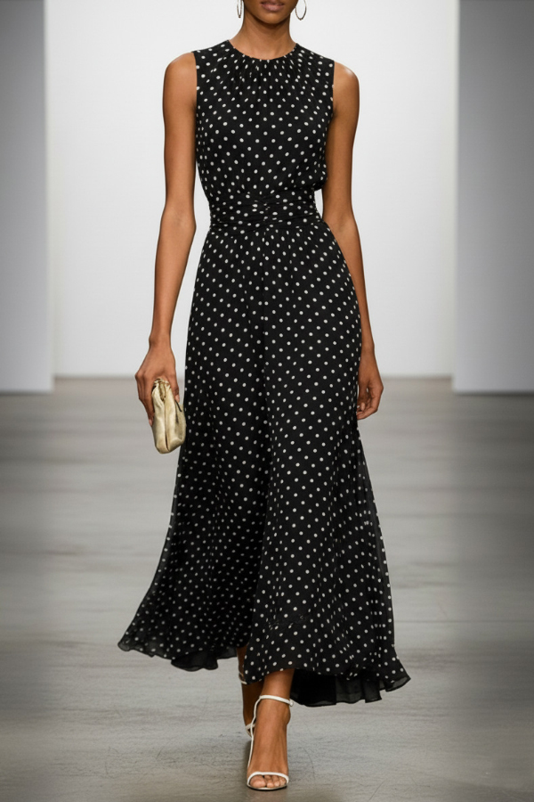 Polka Dot Print Round Neck Sleeveless Pleated Waist Casual Maxi Dress | Consonak