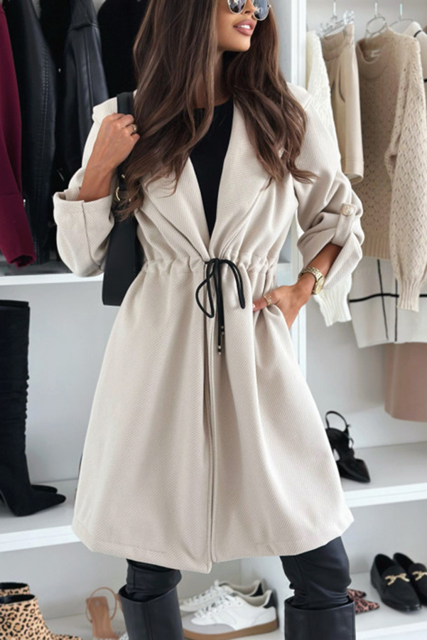 Effortless and Warm Textured Fabric Drawstring Waist Pocket Hooded Midi Coat-consonak