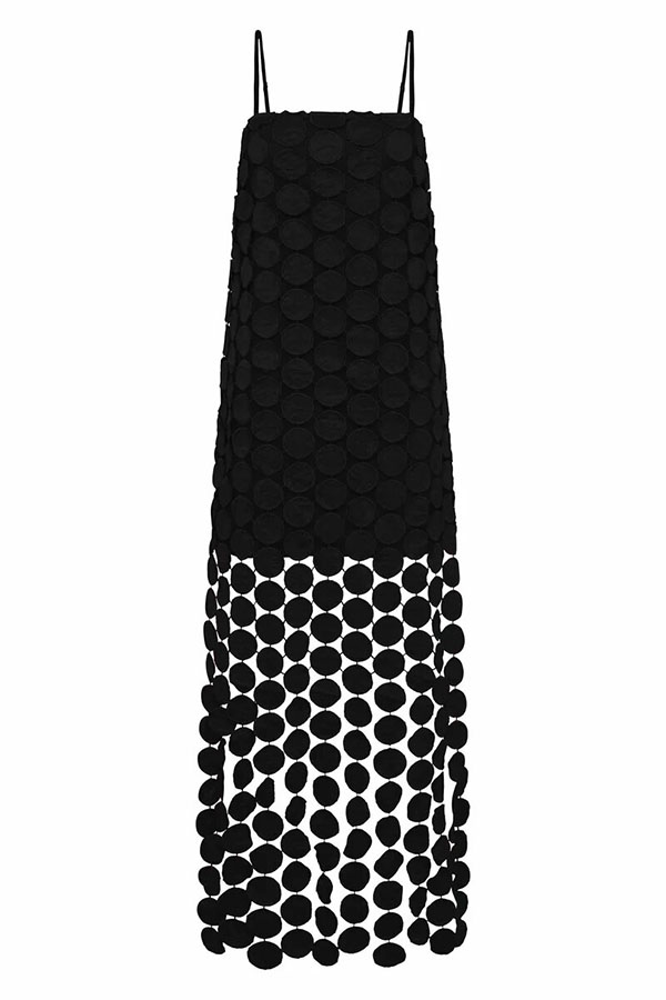Juju Embroidered Cutout Polka Dots Square Neck Tassel Hem Slip Maxi Dress | Consonak