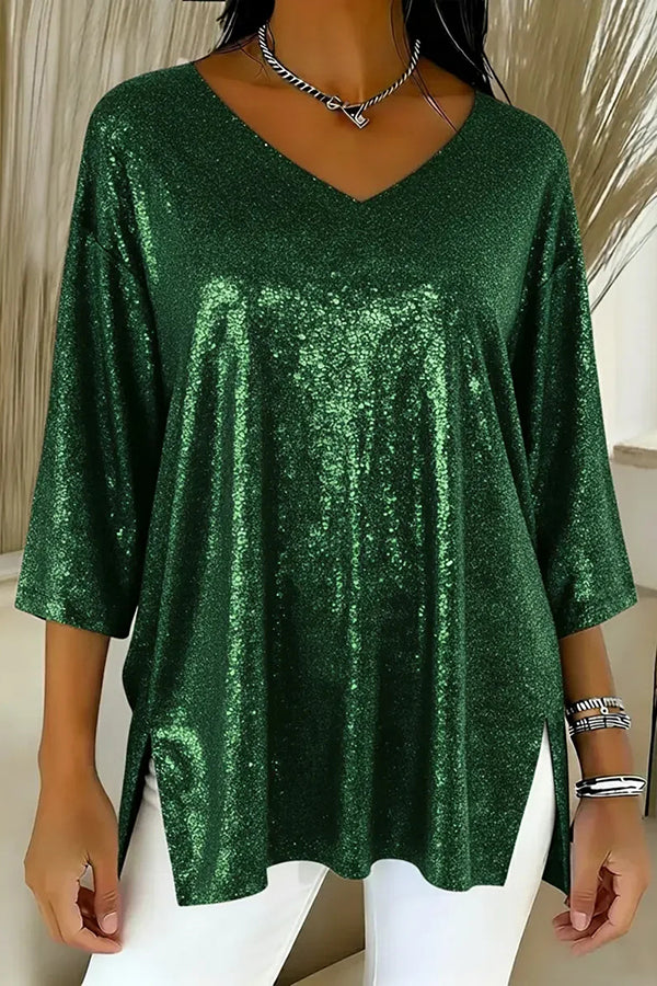 Solid Color Loose V-neck Shiny Casual Top-consonak