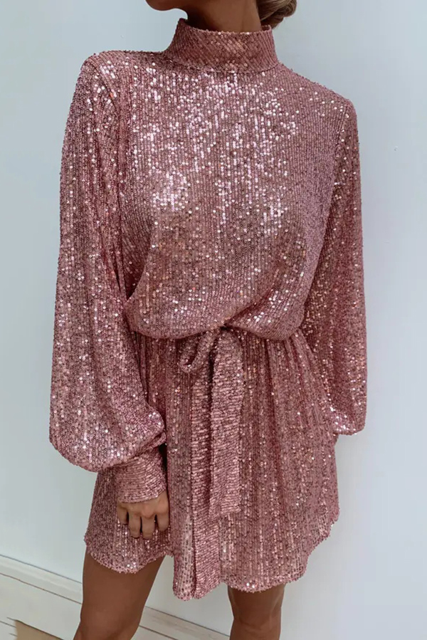 Fashionable Sequined Long-sleeved Belted Casual Mini Dress-consonak