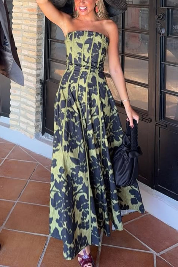 Elara Linen Blend Floral Print Princess Line Design Detachable Sleeves Maxi Dress | Consonak