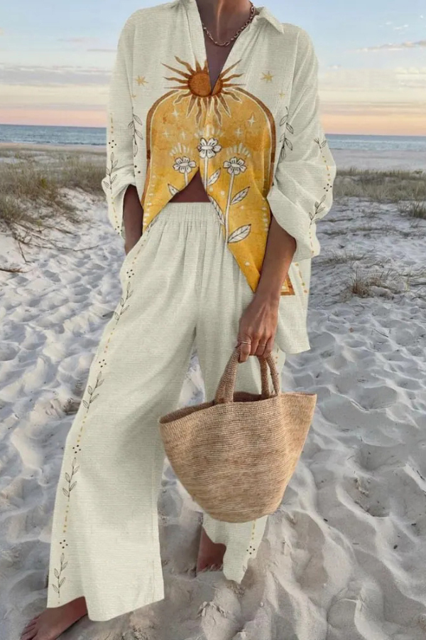 Sun-drenched Print Oversized Shirt and Elastic Waist Pocket Pants Set