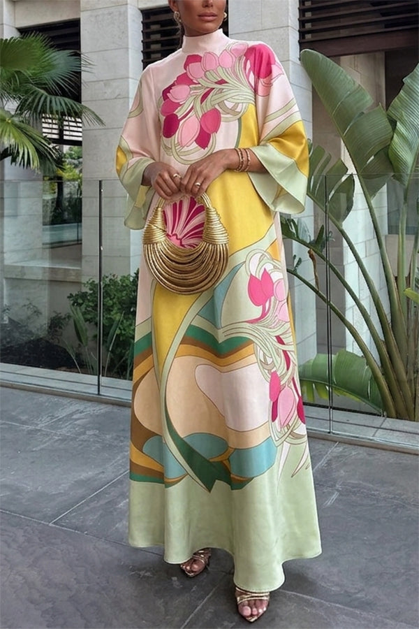 Darla Satin Colorful Baroque Style Printed Tie-up Neck Bell Sleeve Maxi Dress-Consonak