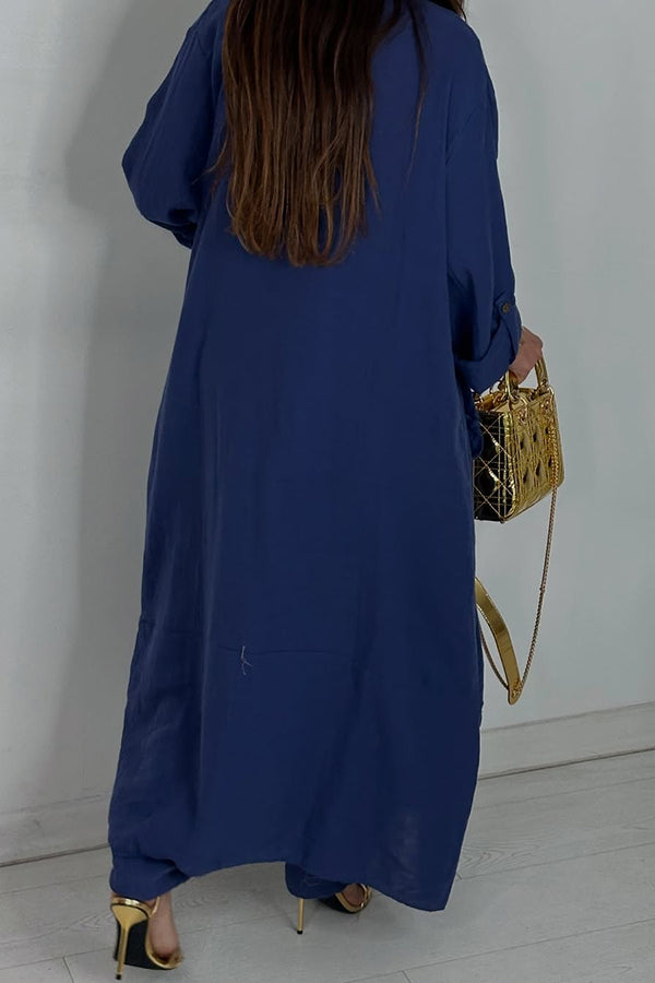 Solid Color Loose-fitting Long-sleeved Cardigan with Pockets and Elastic Waist Casual Wide-leg Pants Set-consonak