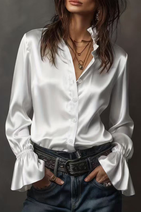 Solid Color Satin Casual Long-sleeved Button-down Shirt-consonak