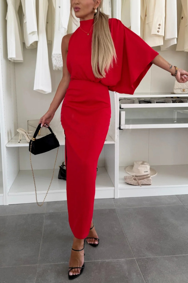 Asymmetrical Design Solid Color One-sleeve Fitted Waist Elegant Slit Maxi Dress