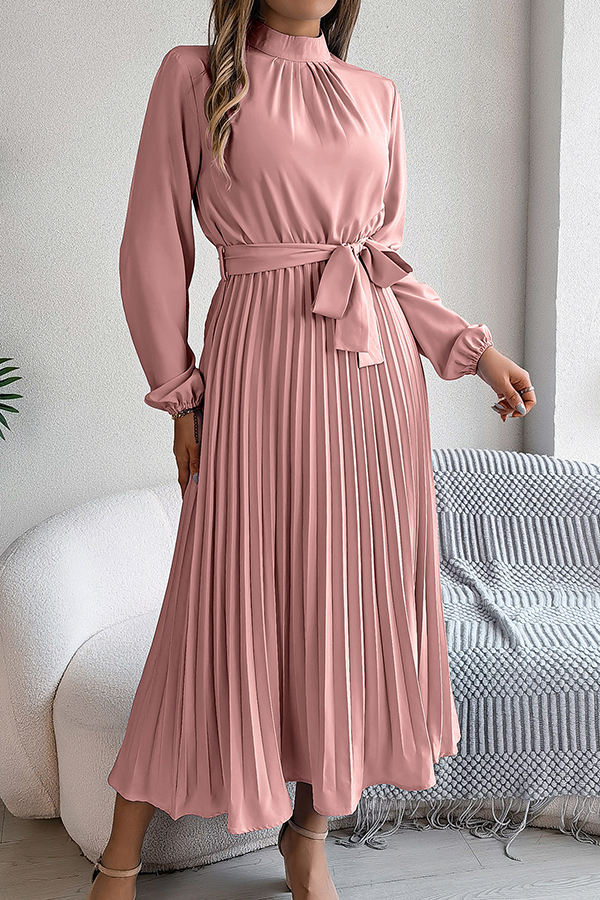 Elegant Stand-collar Long-sleeve Waisted Tie-up Pleated Midi Dress-consonak
