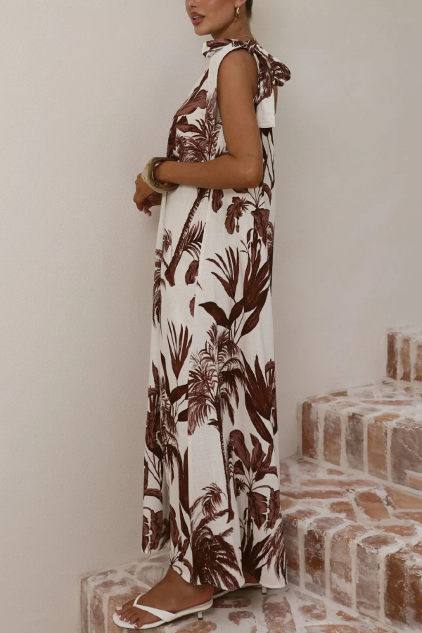 Botanical Print Sleeveless One-shoulder Casual Vacation Maxi Dress-consonak