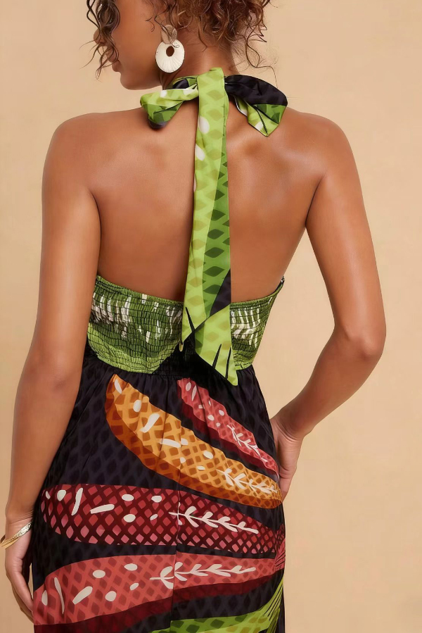 Multi-colored Fish Print Halter Neck Backless Printed Fitted Vacation Maxi Dress