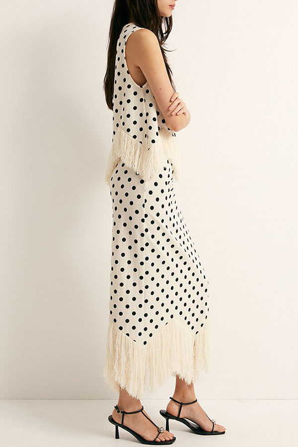 Verrah Linen Blend Polka Dot Print Tassel Trim Elastic Waist Maxi Skirt
