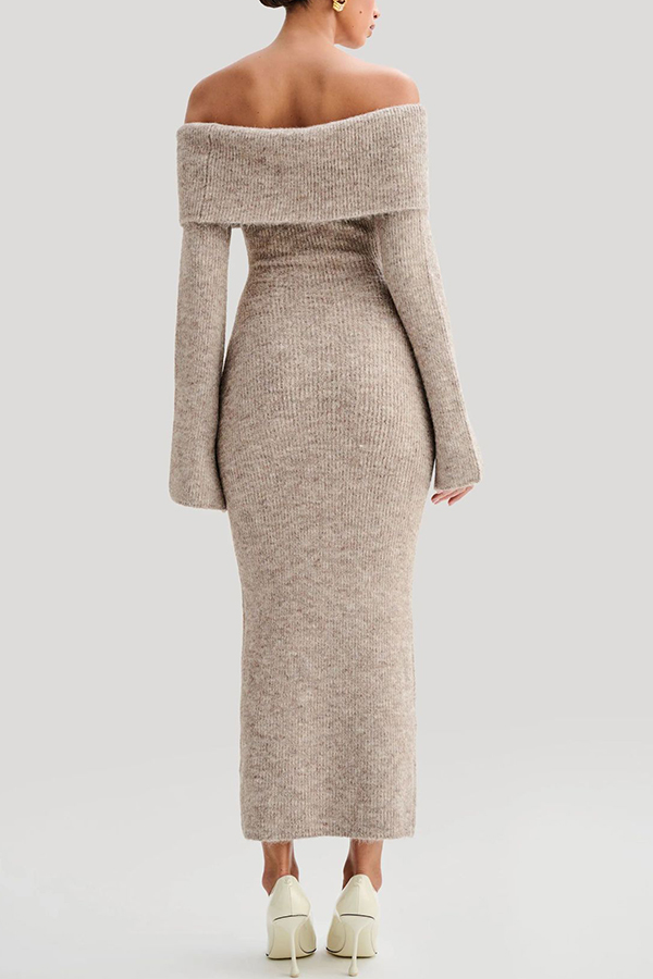Solid Color Off-shoulder Long-sleeved Elegant Slim-fit Knit Maxi Dress-consonak