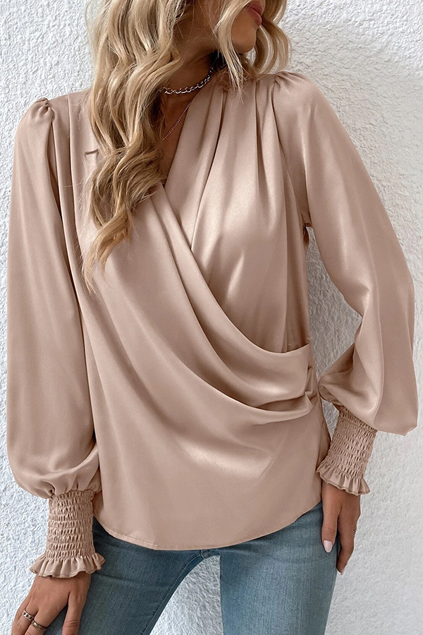 Satin Solid Color V-neck Lantern Sleeve Elegant Loose Shirt-consonak
