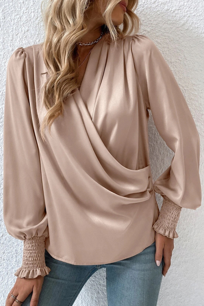 Satin Solid Color V-neck Lantern Sleeve Elegant Loose Shirt-consonak