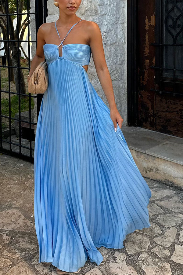 Caught Your Eye Satin Pleated Cross Straps Cutout Flowing Maxi Dress | Consonak