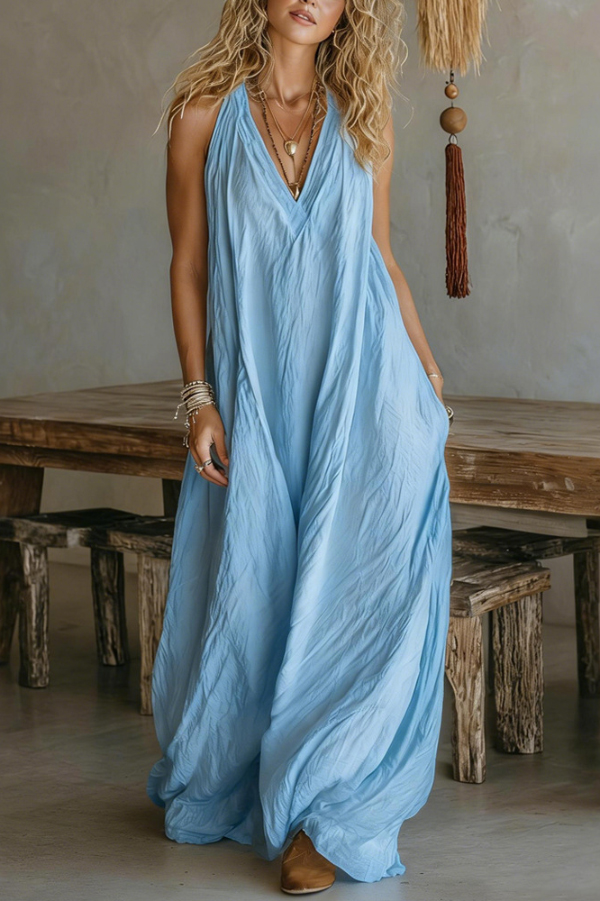 Linen Blend Solid Color Loose V-neck Sleeveless Pocket Casual Maxi Dress | Consonak