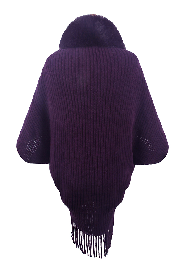 Fashionable Fur Collar Tassel Hem Knitted Shawl Cape-consonak