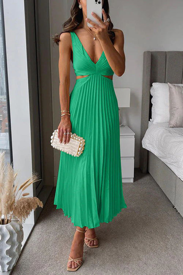 Summer Social Stain Pleated Cutout Waist Loose Midi Dress-consonak