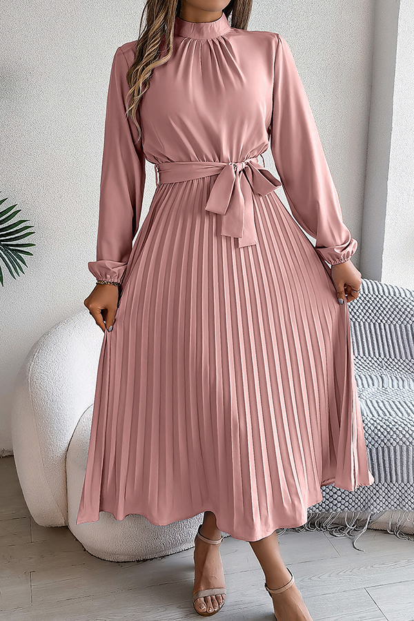 Elegant Stand-collar Long-sleeve Waisted Tie-up Pleated Midi Dress-consonak