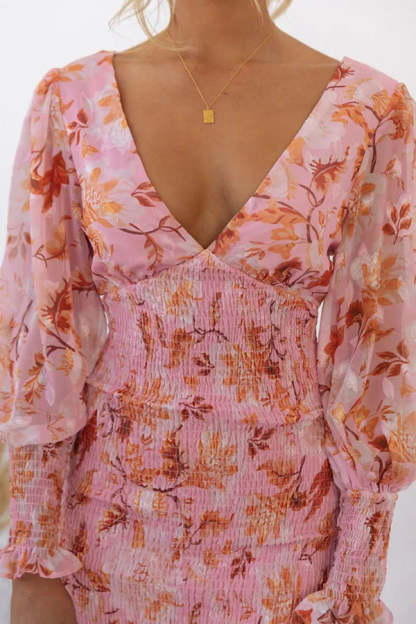 Garden Gathering Floral Smocked Waist Midi Dress-consonak