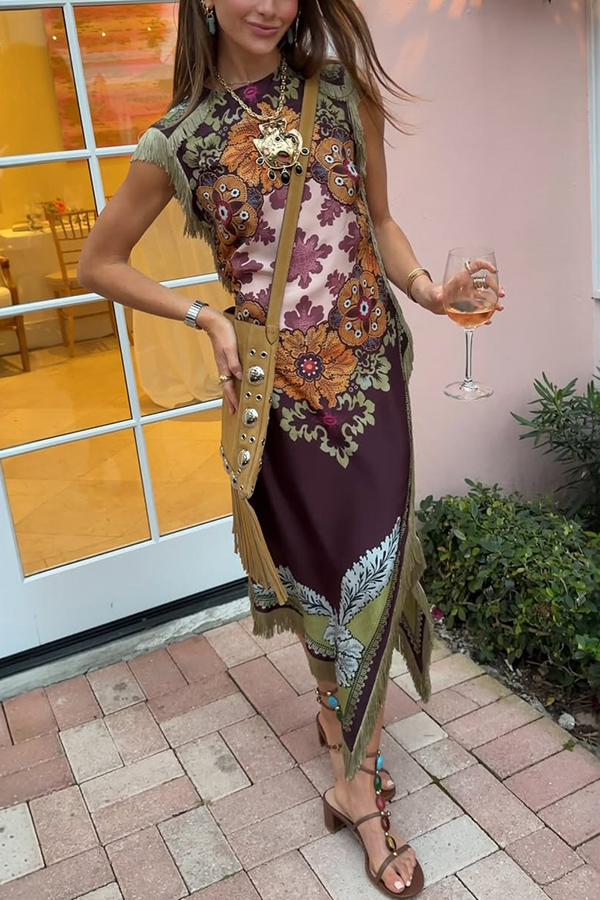 Bohemian Style Floral Print Tassel Trim Irregular Hem Slit Scarf Midi Dress | Consonak