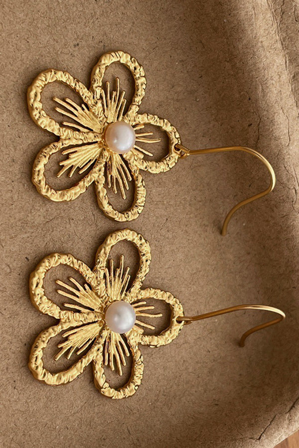 Pearl Openwork Flower Earrings-Consonak