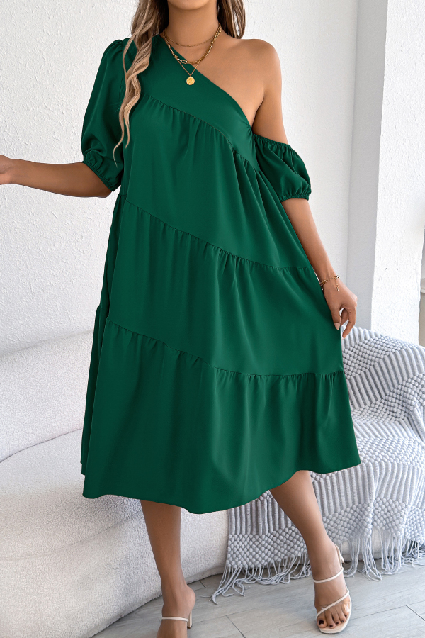 Solid Color Loose Slash Neck Short-sleeved Casual Midi Dress-consonak