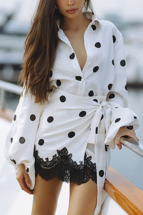 Lulabell Linen Blend Polka Dot Lantern Sleeve Shirt and Warp Tie-up Lace Trim Skirt Set-consonak