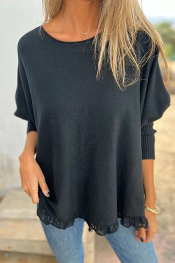Solid Color Loose Long Sleeve Lace Knitted Sweater-consonak