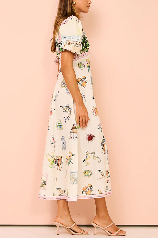European Summer Sunset Linen Blend Unique Print Puff Sleeve Midi Dress-consonak