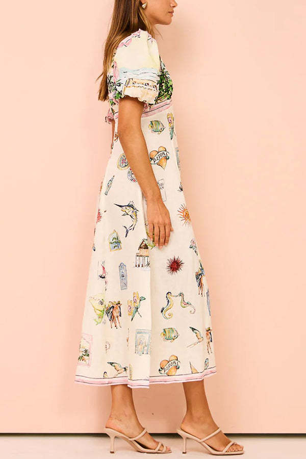 European Summer Sunset Linen Blend Unique Print Puff Sleeve Midi Dress-consonak