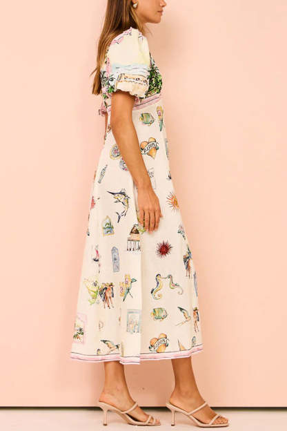 European Summer Sunset Linen Blend Unique Print Puff Sleeve Midi Dress-consonak