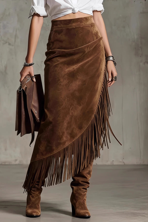 Fashionable Suede Tassel Irregular Casual Midi Skirt-consonak