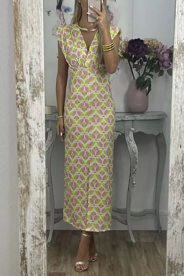 Forever Here Printed Padded Shoulder Front Center Slit Midi Dress-consonak