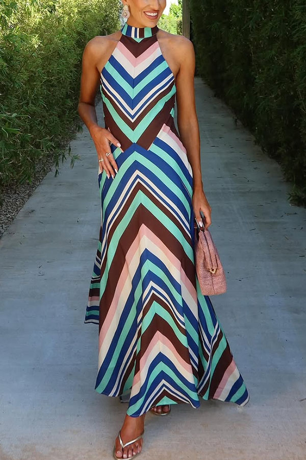 Nida Satin Multi Fluid Stripe Halter Open Back Asymmetrical Hem Maxi Dress
