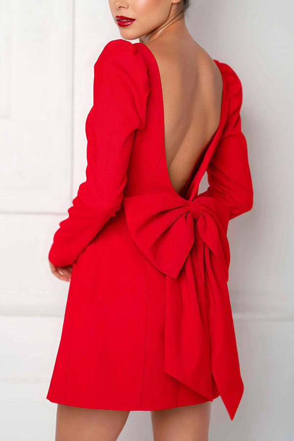 Women's party dress fluffy shoulder long sleeved back bow detail mini dress-consonak