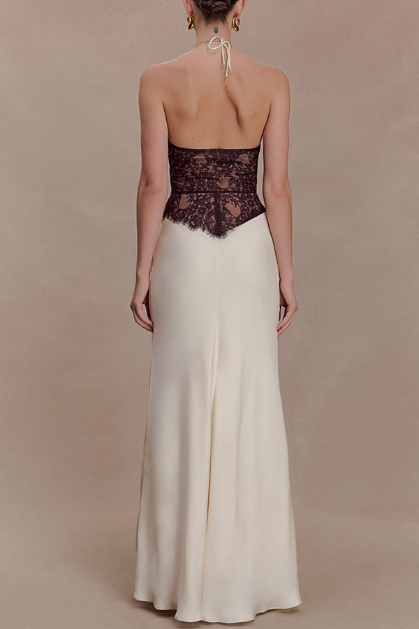 Timeless Silhouette Lace and Satin Halter Backless Drape Maxi Dresset-consonak