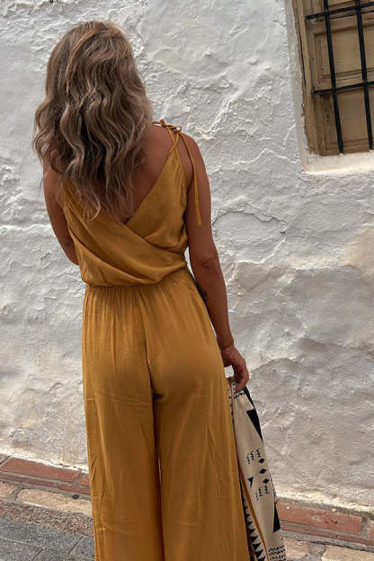 Shore Thing Babe Elastic Waist Slit Wide Leg Jumpsuit-consonak