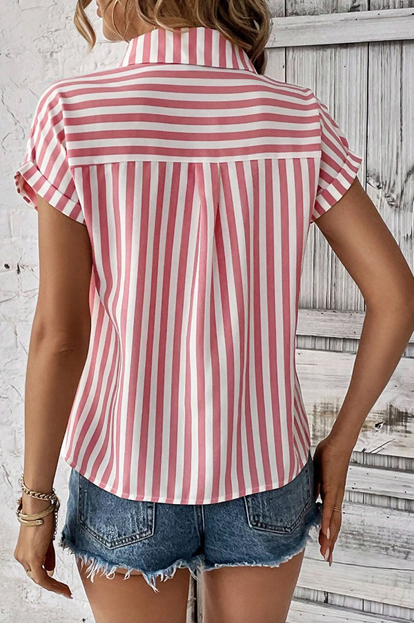 Striped Print Short Sleeve Pocket Shirt Top-consonak