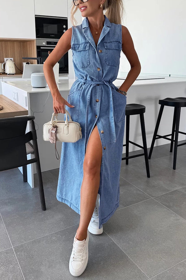 Solid Color Sleeveless Single Breasted Waist Tie Casual Pocket Denim Midi Dress | Consonak
