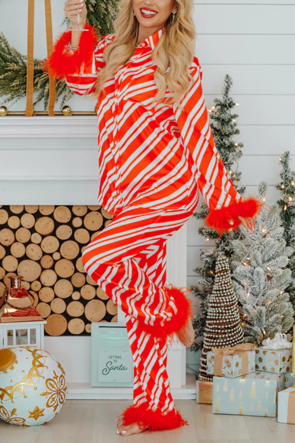 Christmas Party Striped Print Pocket Feather Elastic Waist Pajama Set-consonak
