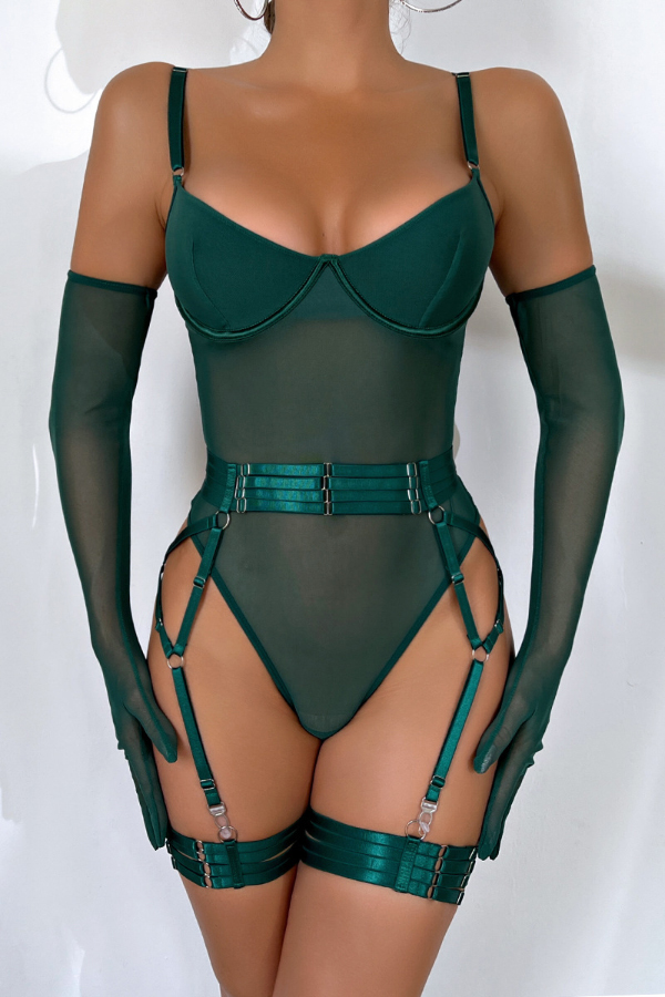 Fashionable See-through Mesh Suspender Bodysuit and Glove Straps Three-piece Set-consonak