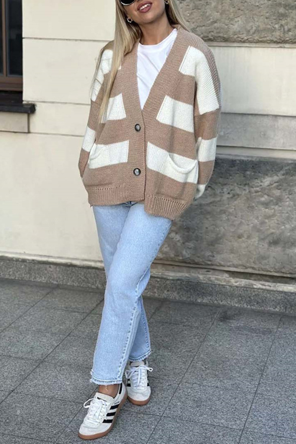 Casual V-neck Long-sleeved Striped Pocket Knitted Cardigan-consonak