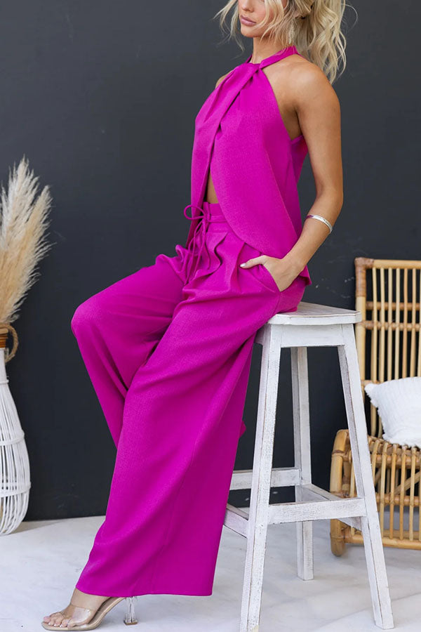 Gette Linen Blend Slit Front Top and High Rise Knoted Pocket Wide Leg Pants Set-consonak