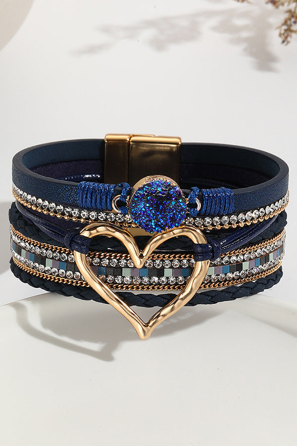Bohemian Leather Cord Multi-layered Raw Stone Heart Bracelet | Consonak